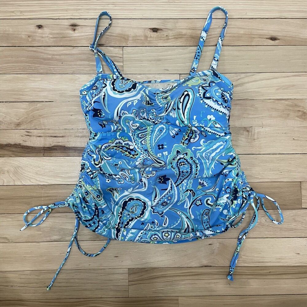 Lands End Tankini Swimsuit Top Size 4 Scrunch Sides Built In Cups Blue Paisley